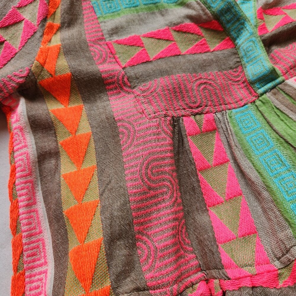 Colorful Neon Aztec Geometric Mini Babydoll Dress Bell Sleeves Summer Coquette - Picture 8 of 10